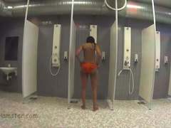Orange see-through swimsuit in public spa